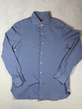 Isaia 16.5 42 Recent 100% Cotton Textured Slate Blue Dress Shirt Spread Collar